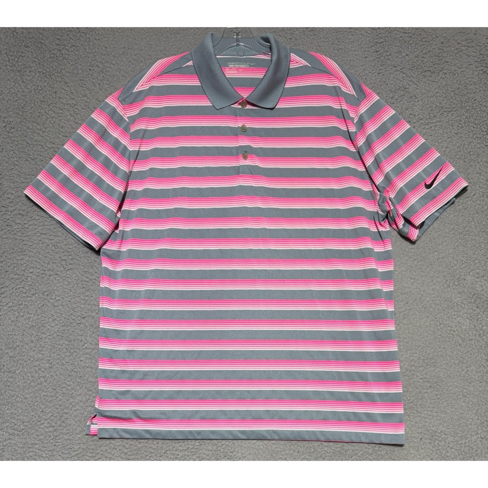 Nike Golf Tour Performance Dri-Fit Pink Gray Striped polo shirt Mens XL